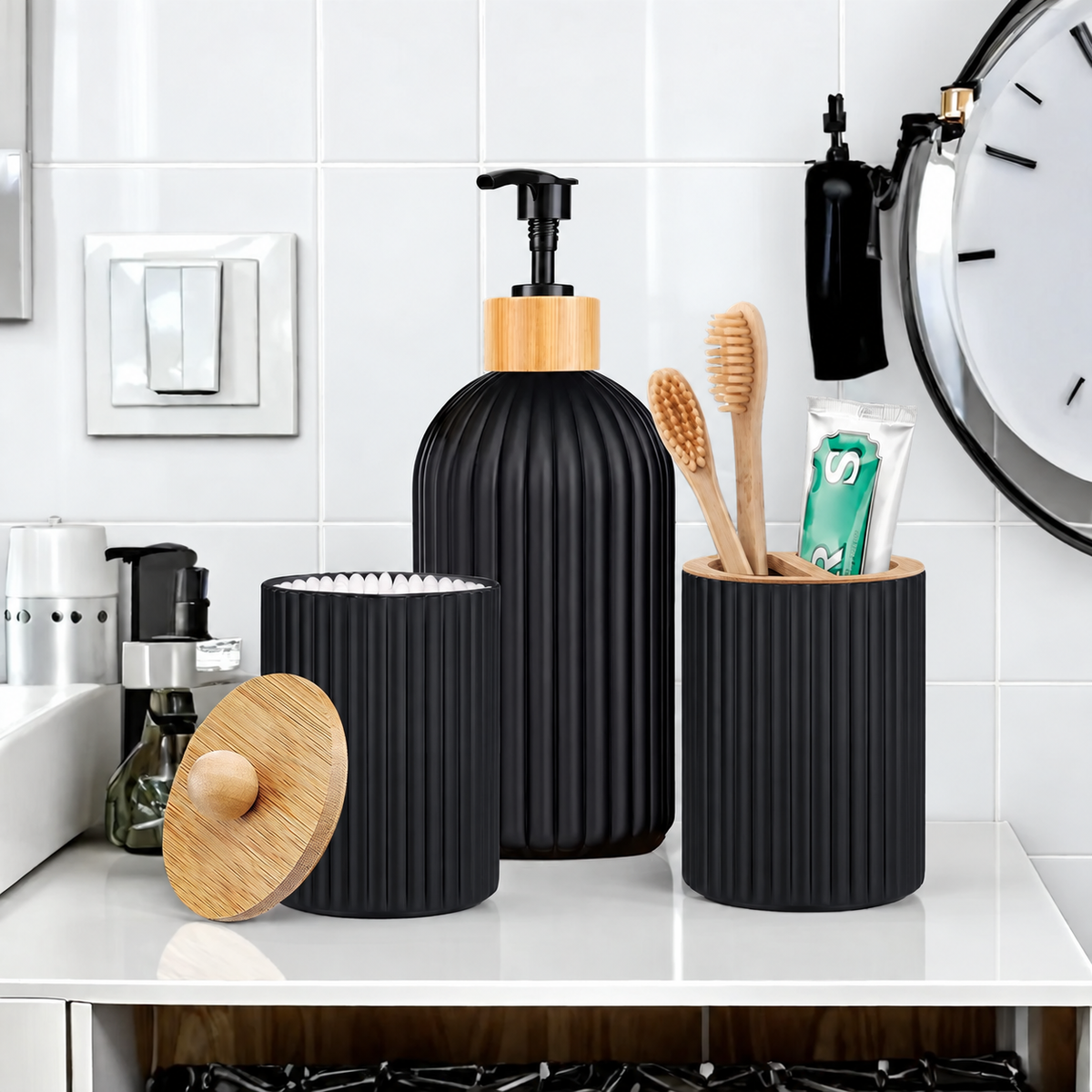 Distributeur de savon et organiseur de salle de bain, porte-cotons et porte-brosses à dents — photo 2