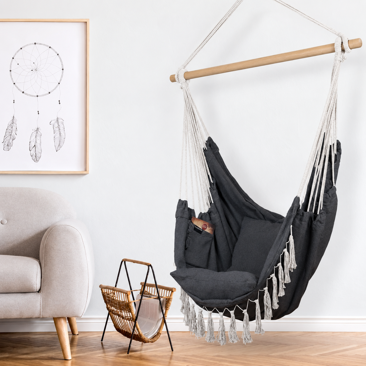 Chaise suspendue macramé avec 2 coussins, balançoire en corde de coton, capacité 227 kg, intérieur/extérieur — photo 2