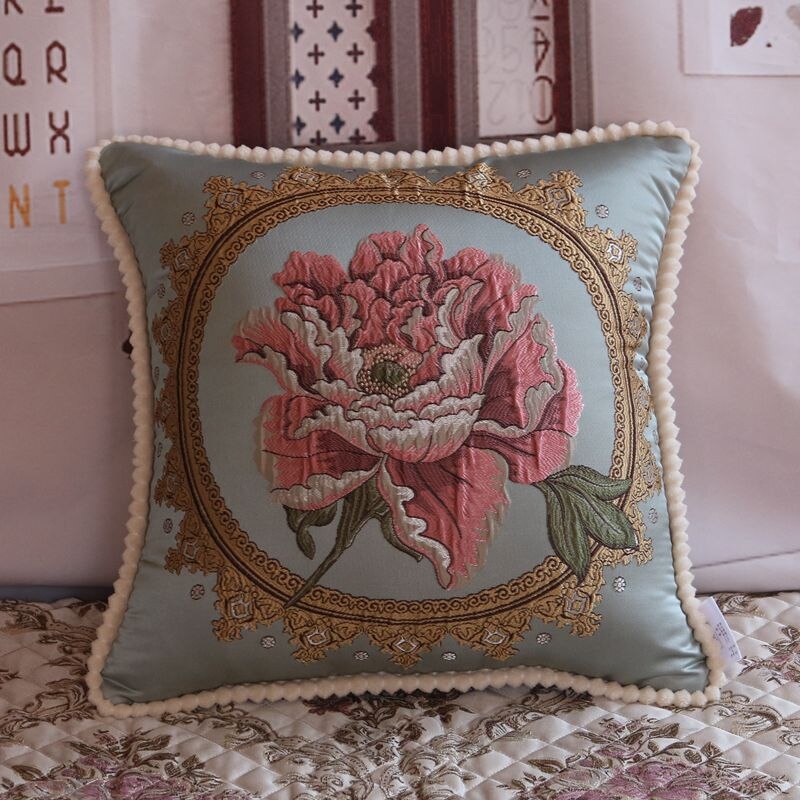 Housse de coussin brodée florale luxe – 14 coloris, 48x48 cm