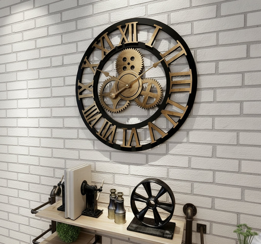 Horloge murale ajourée style industriel – Argent & Or, S/M/L