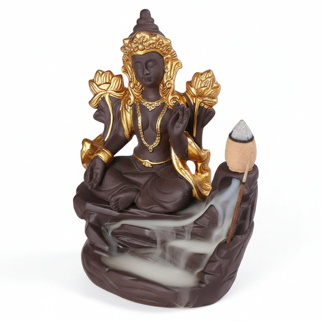 Brûle-encens Bouddha en céramique – Rouge, Or, Bleu