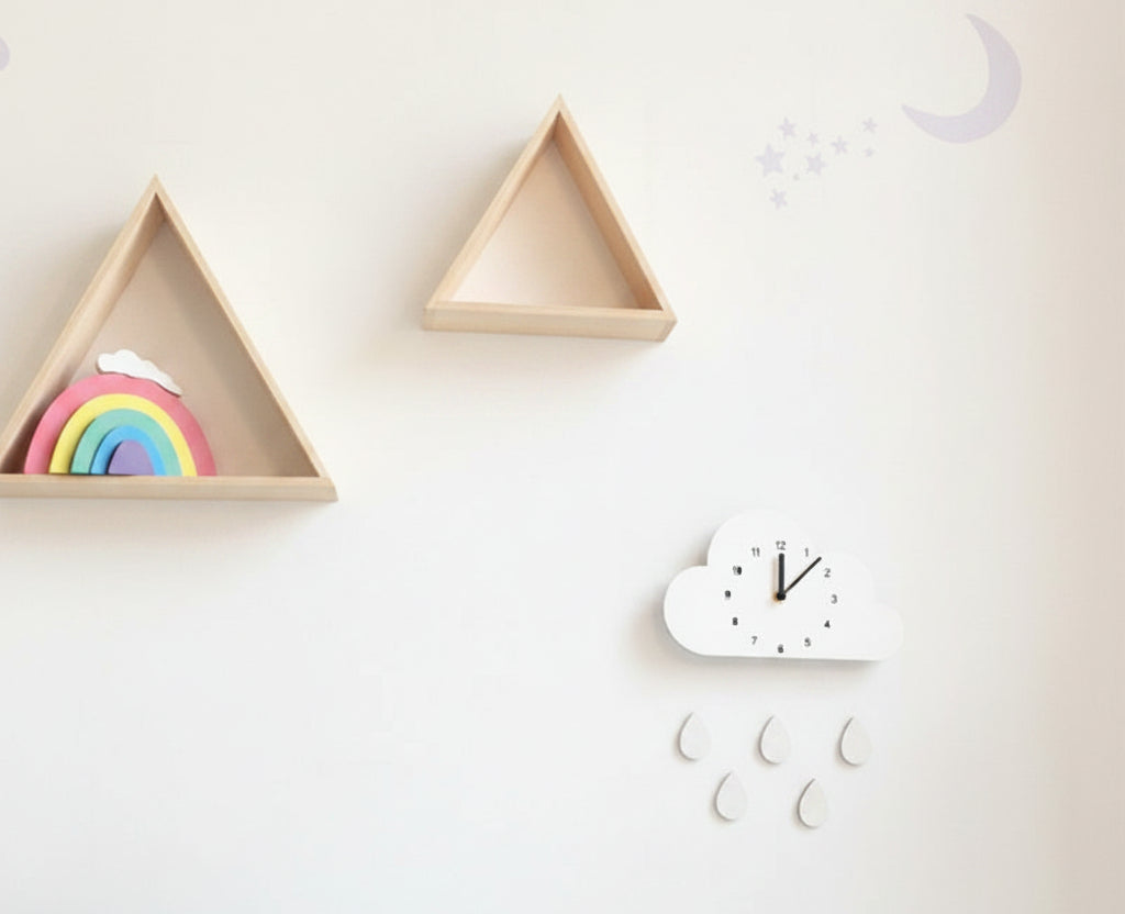 Horloge murale en bois forme nuage – Rose, Blanc, Bleu