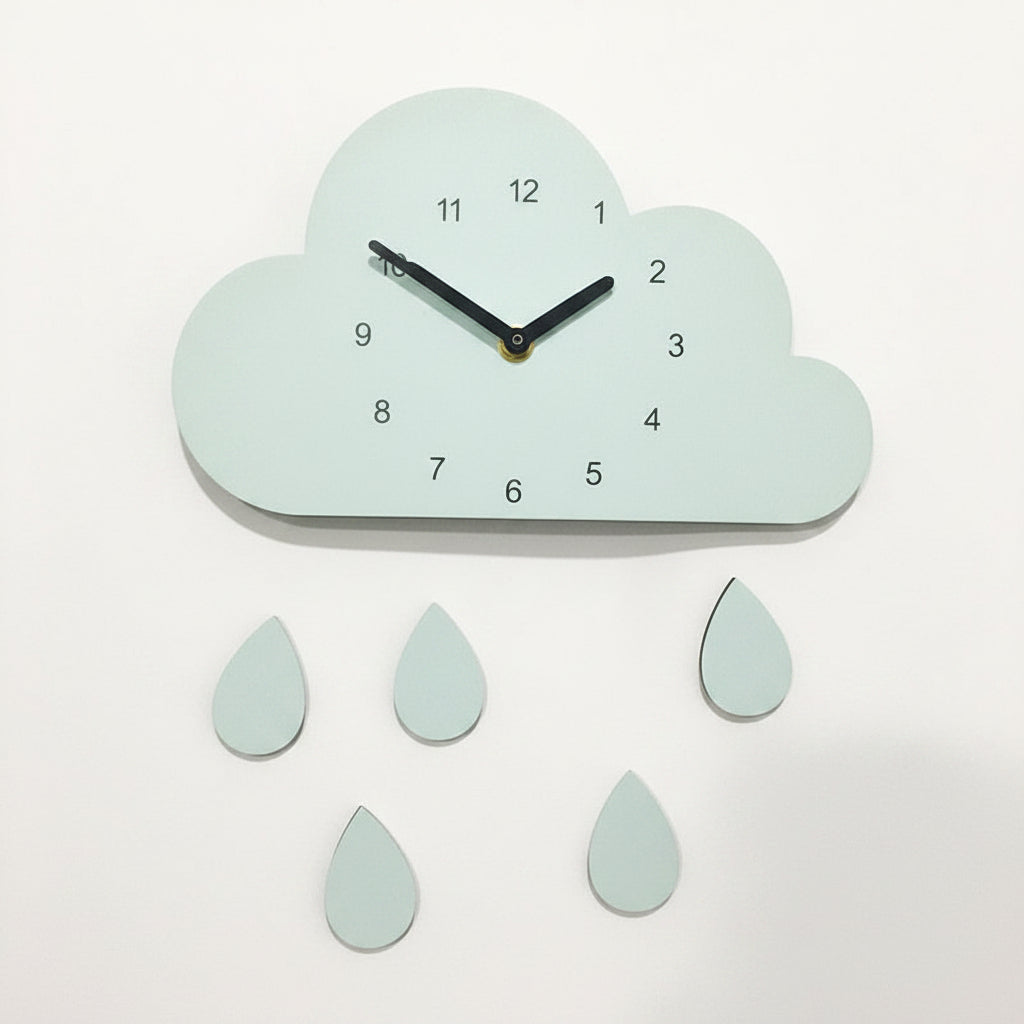 Horloge murale en bois forme nuage – Rose, Blanc, Bleu