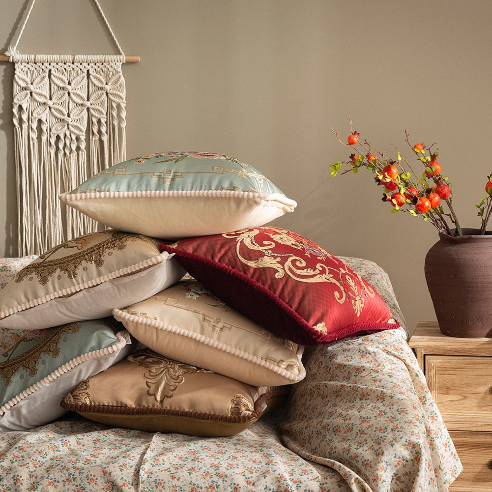 Housse de coussin brodée florale luxe – 14 coloris, 48x48 cm