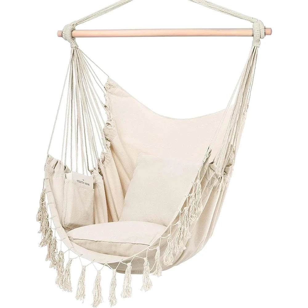 Chaise suspendue macramé avec 2 coussins, balançoire en corde de coton, capacité 227 kg, intérieur/extérieur — photo 1