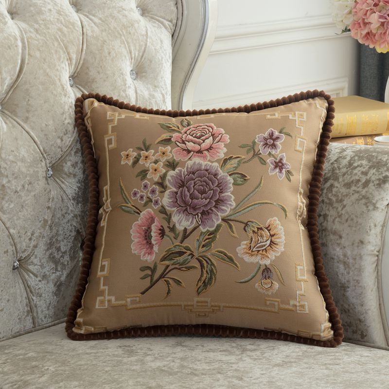 Housse de coussin brodée florale luxe – 14 coloris, 48x48 cm