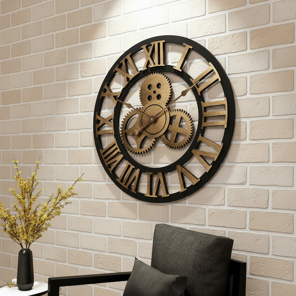 Horloge murale ajourée style industriel – Argent & Or, S/M/L