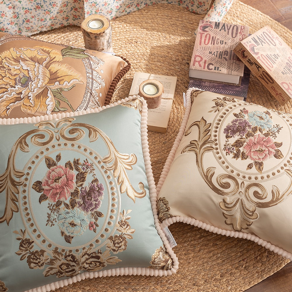 Housse de coussin brodée florale luxe – 14 coloris, 48x48 cm