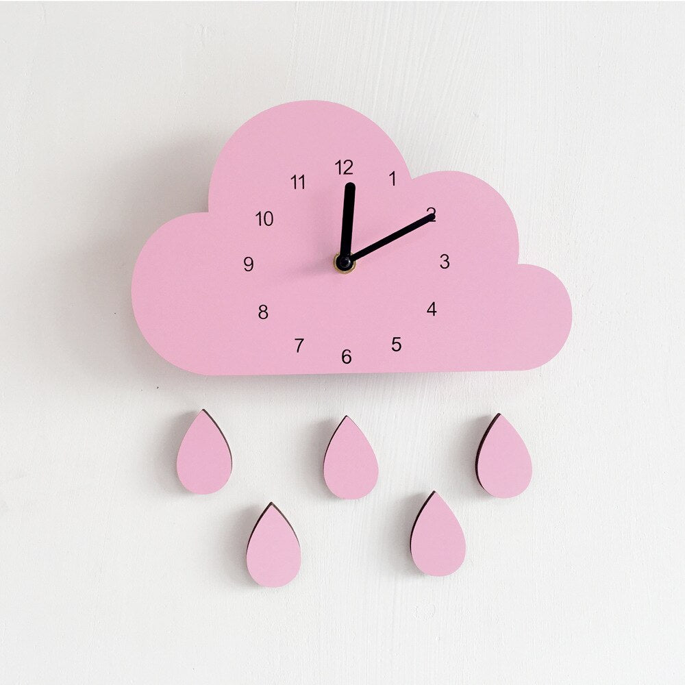 Horloge murale en bois forme nuage – Rose, Blanc, Bleu