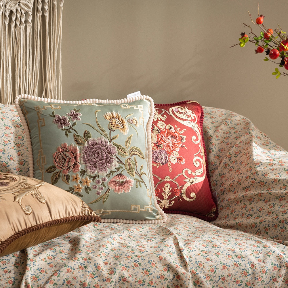 Housse de coussin brodée florale luxe – 14 coloris, 48x48 cm