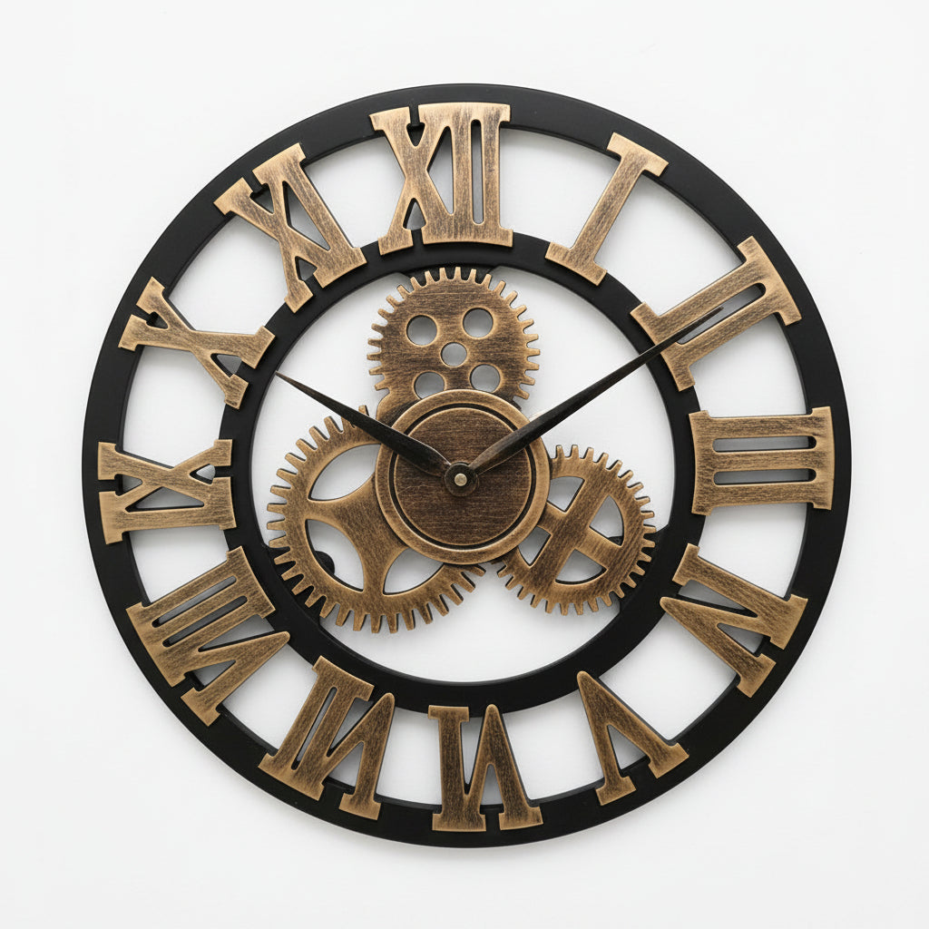 Horloge murale ajourée style industriel – Argent & Or, S/M/L