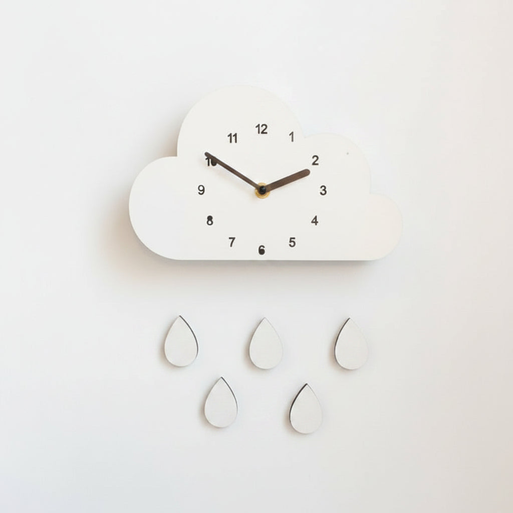 Horloge murale en bois forme nuage – Rose, Blanc, Bleu