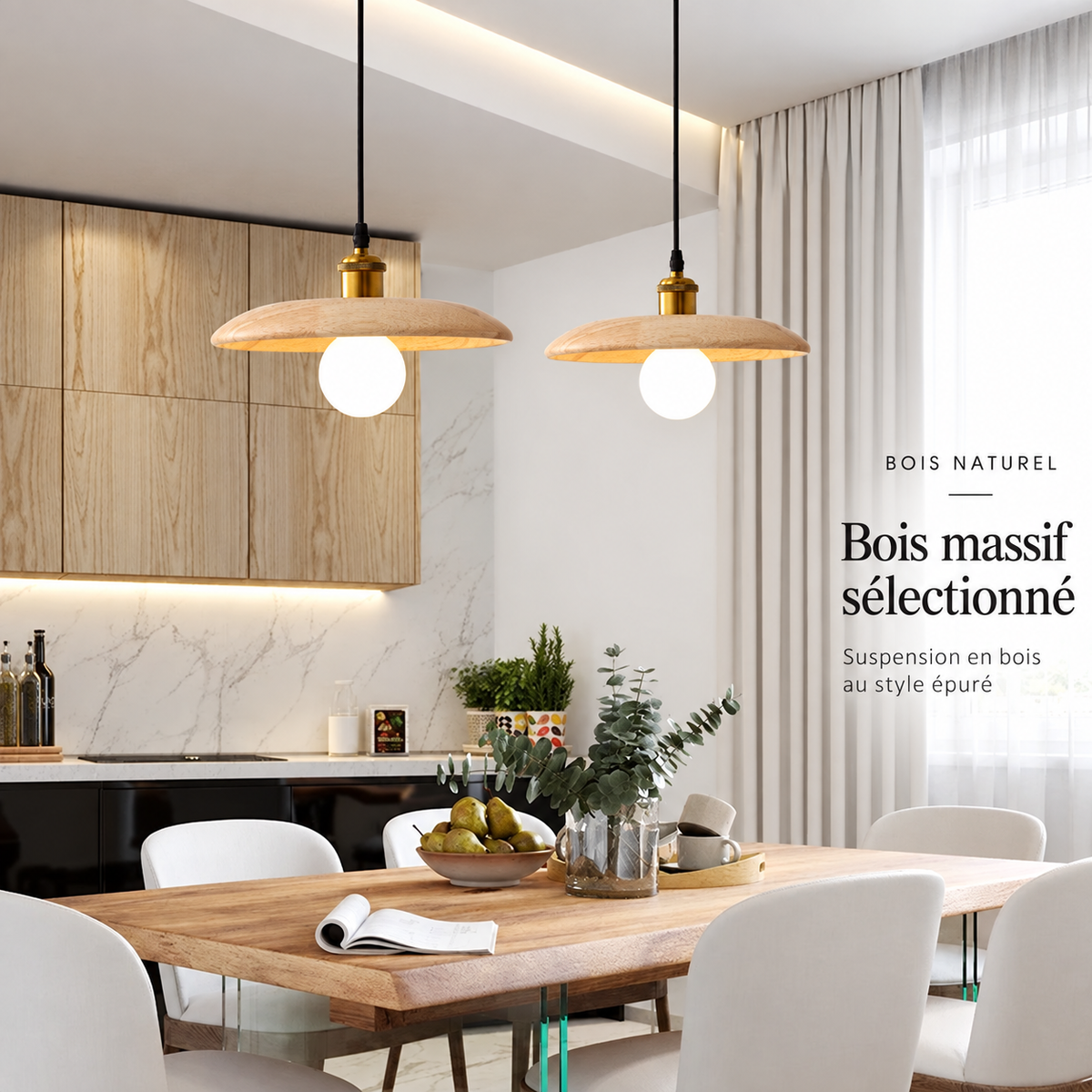 Suspension en bois massif, visuel en français