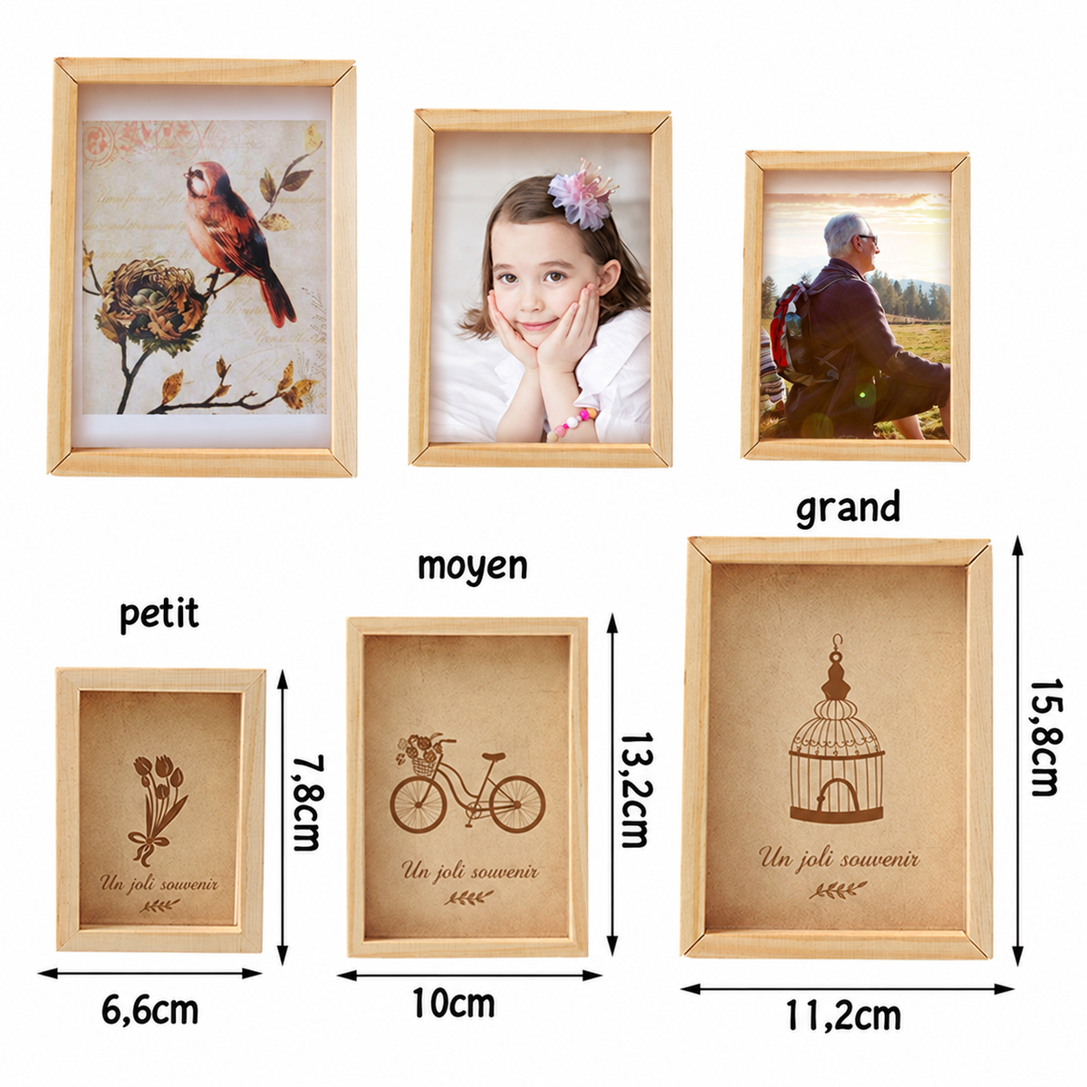 Cadre photo vintage en bois naturel, disponible en 3 tailles — version française