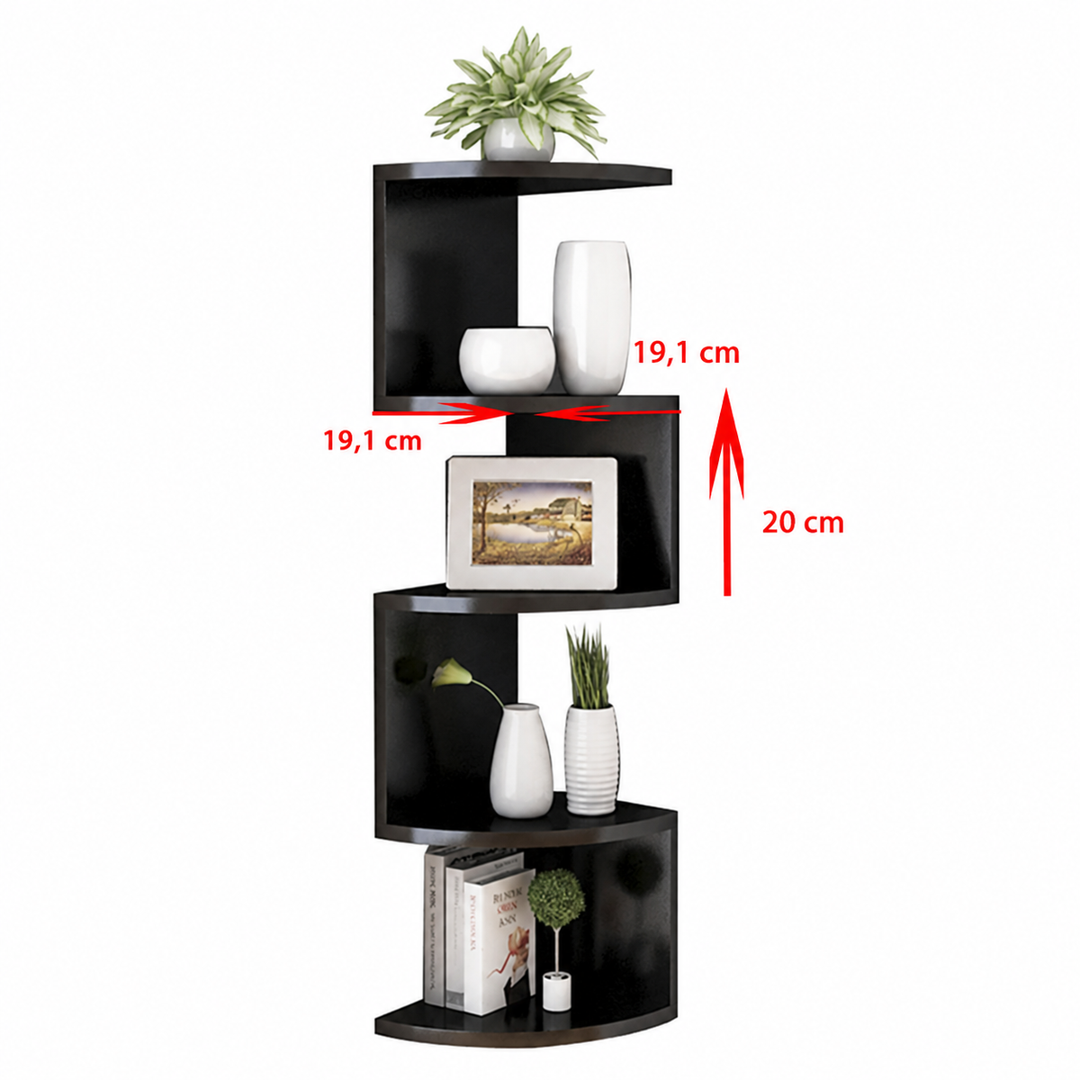 Étagère d'Angle Flottante – 2 ou 5 Niveaux, Blanc ou Noir — dimensions en centimètres