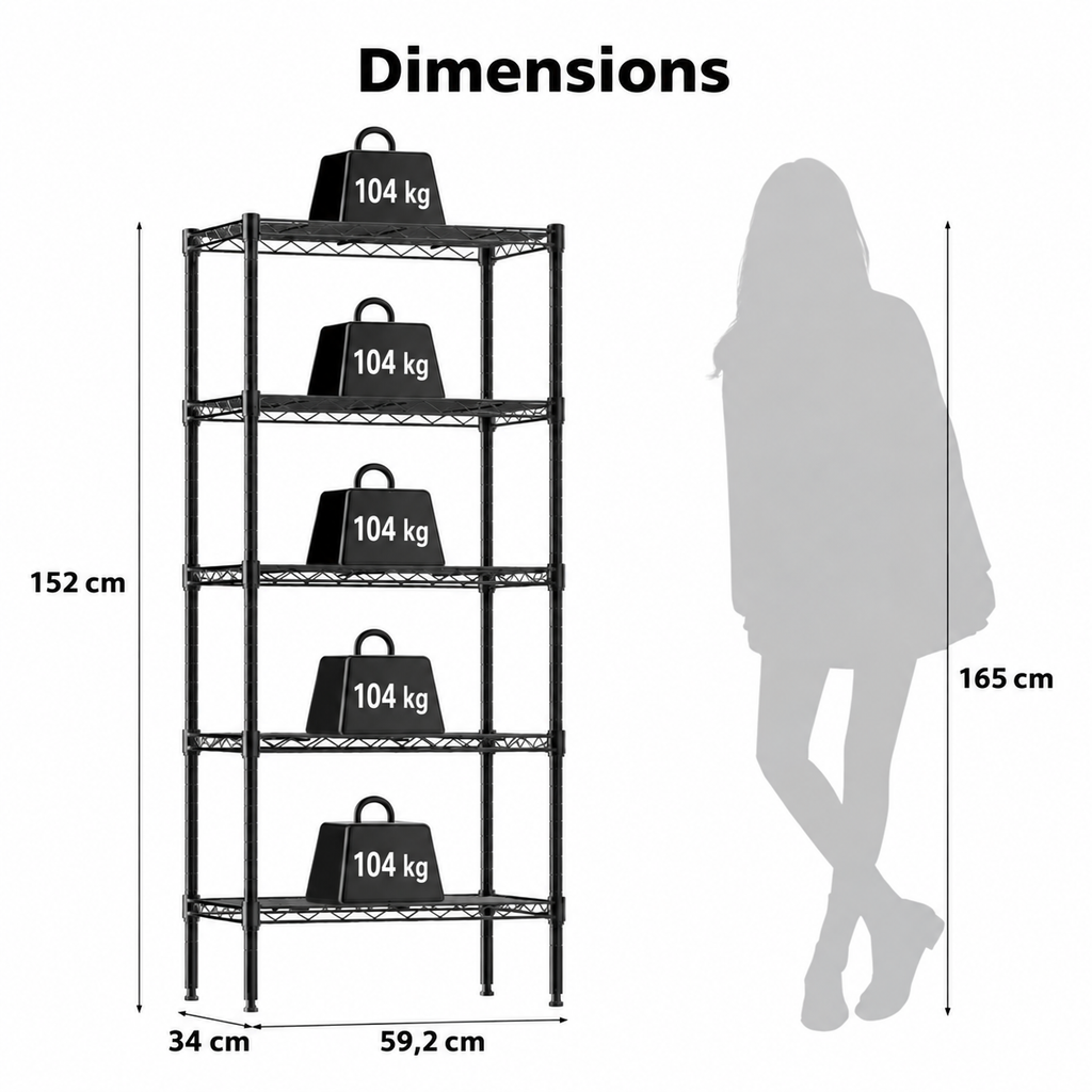 Étagère métallique filaire réglable 3 à 5 niveaux – Rangement robuste pour salon, cuisine et garage — dimensions en centimètres