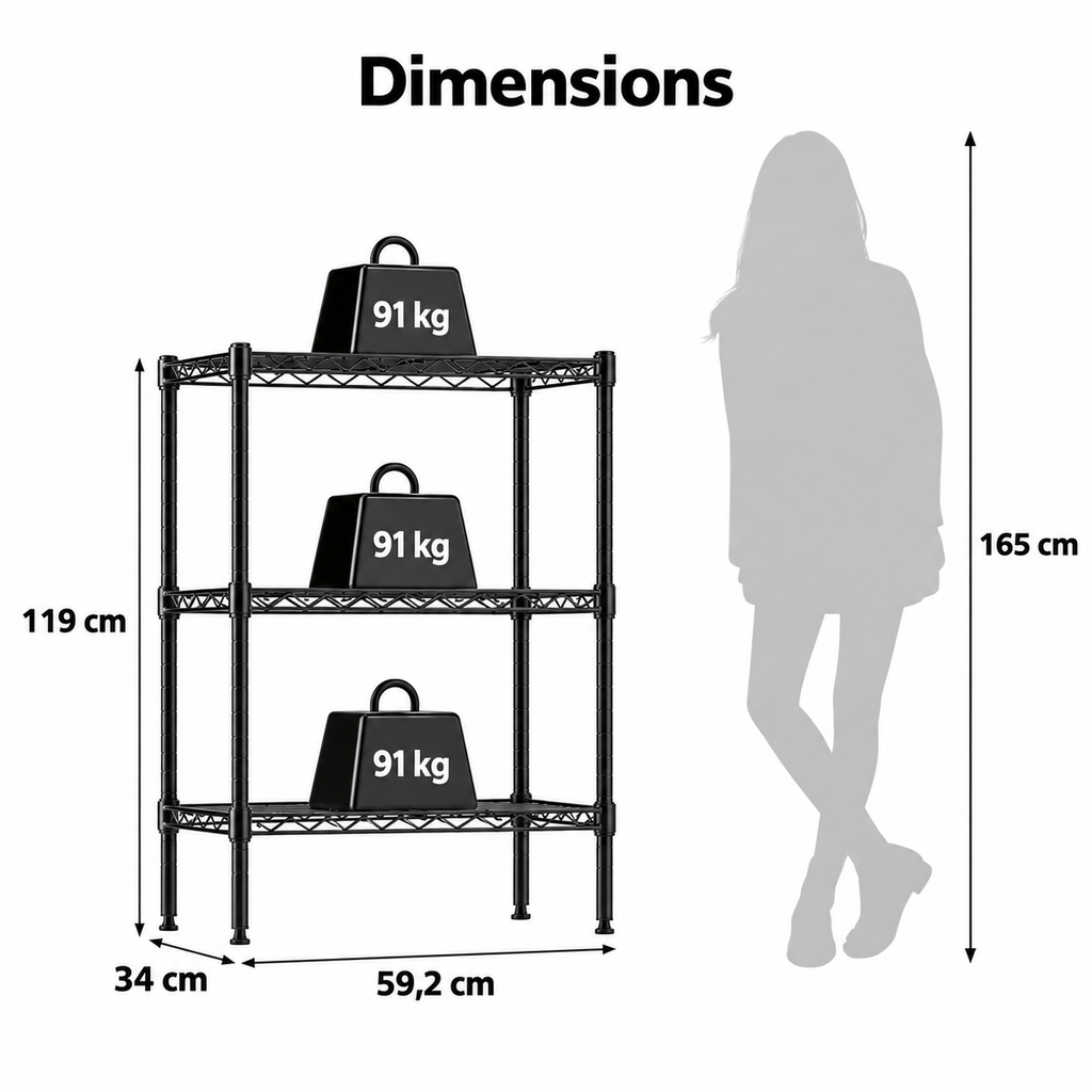 Étagère métallique filaire réglable 3 à 5 niveaux – Rangement robuste pour salon, cuisine et garage — dimensions en centimètres