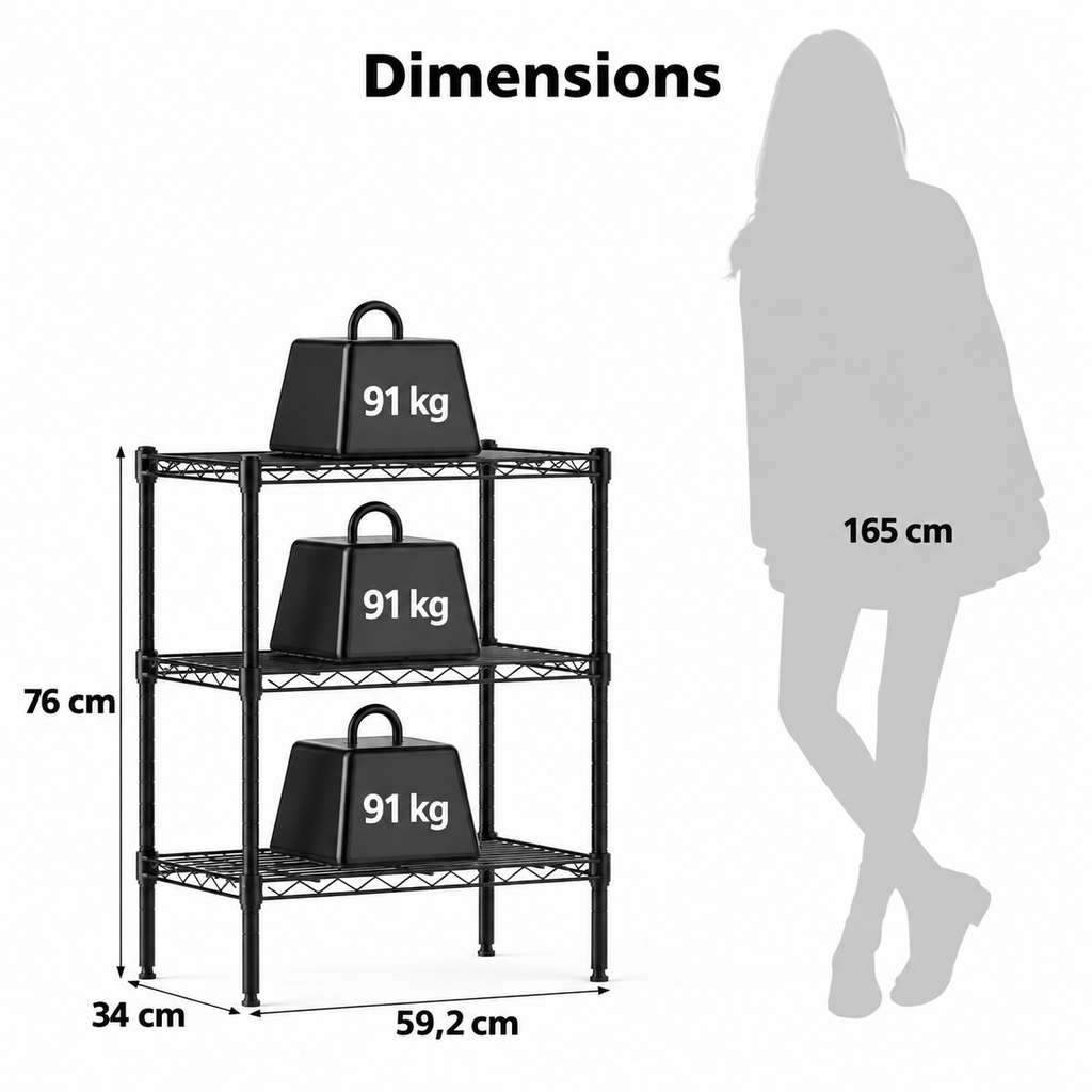 Étagère métallique filaire réglable 3 à 5 niveaux – Rangement robuste pour salon, cuisine et garage — dimensions en centimètres