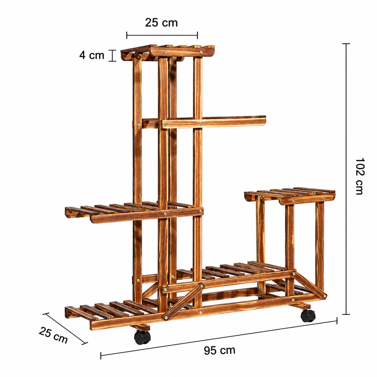 Étagère à plantes multi-niveaux en bois avec roulettes – Intérieur & Extérieur — dimensions en centimètres